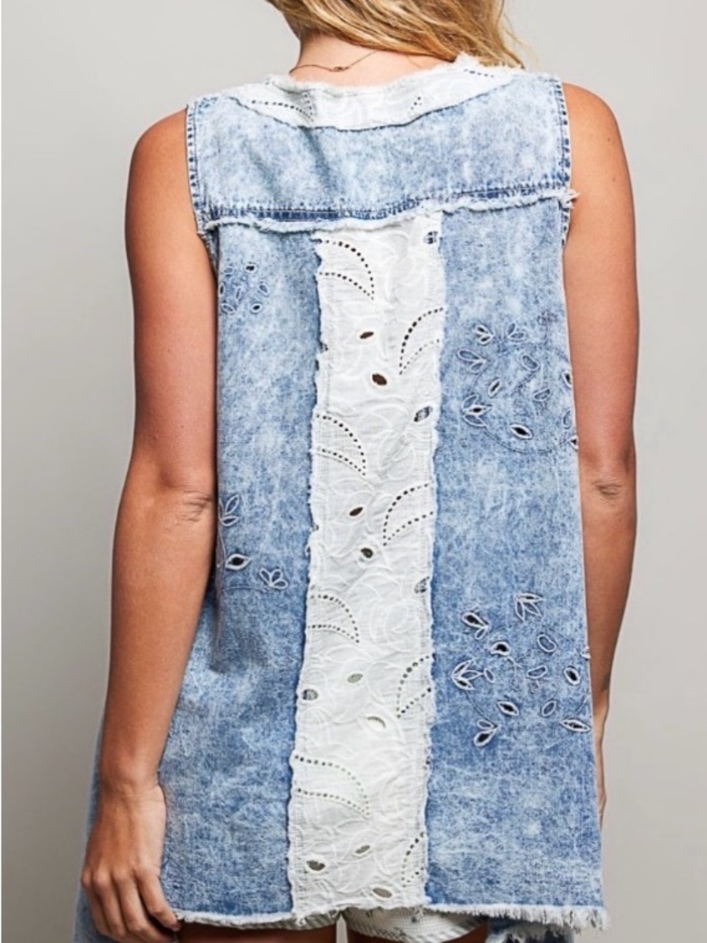 POL Sleeveless Blue-Grey Lace-Trim Tunic Shark bite Boho Style NWOT - Picture 10 of 10